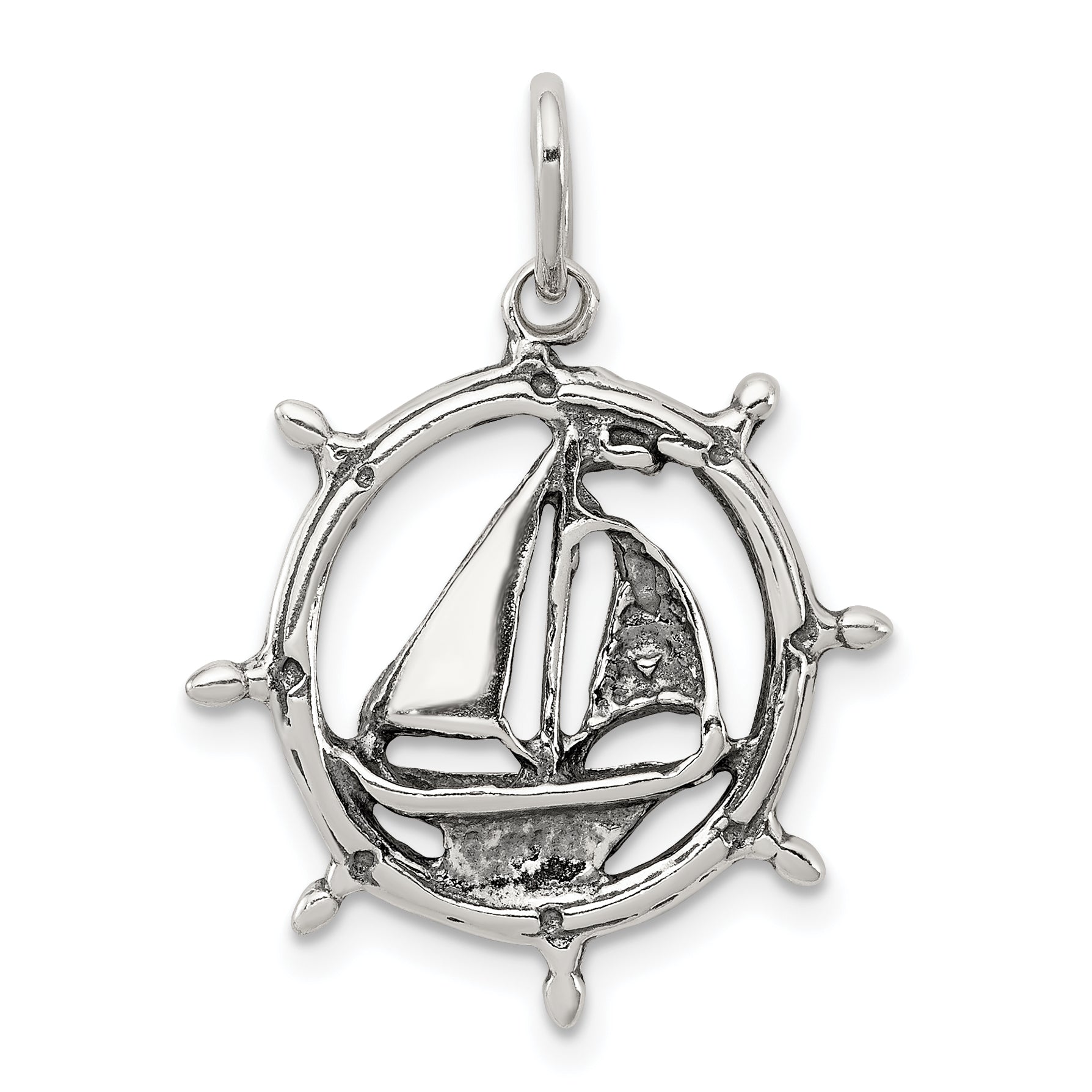 Sterling Silver Antiqued Sailboat in Wheel Charm Main image