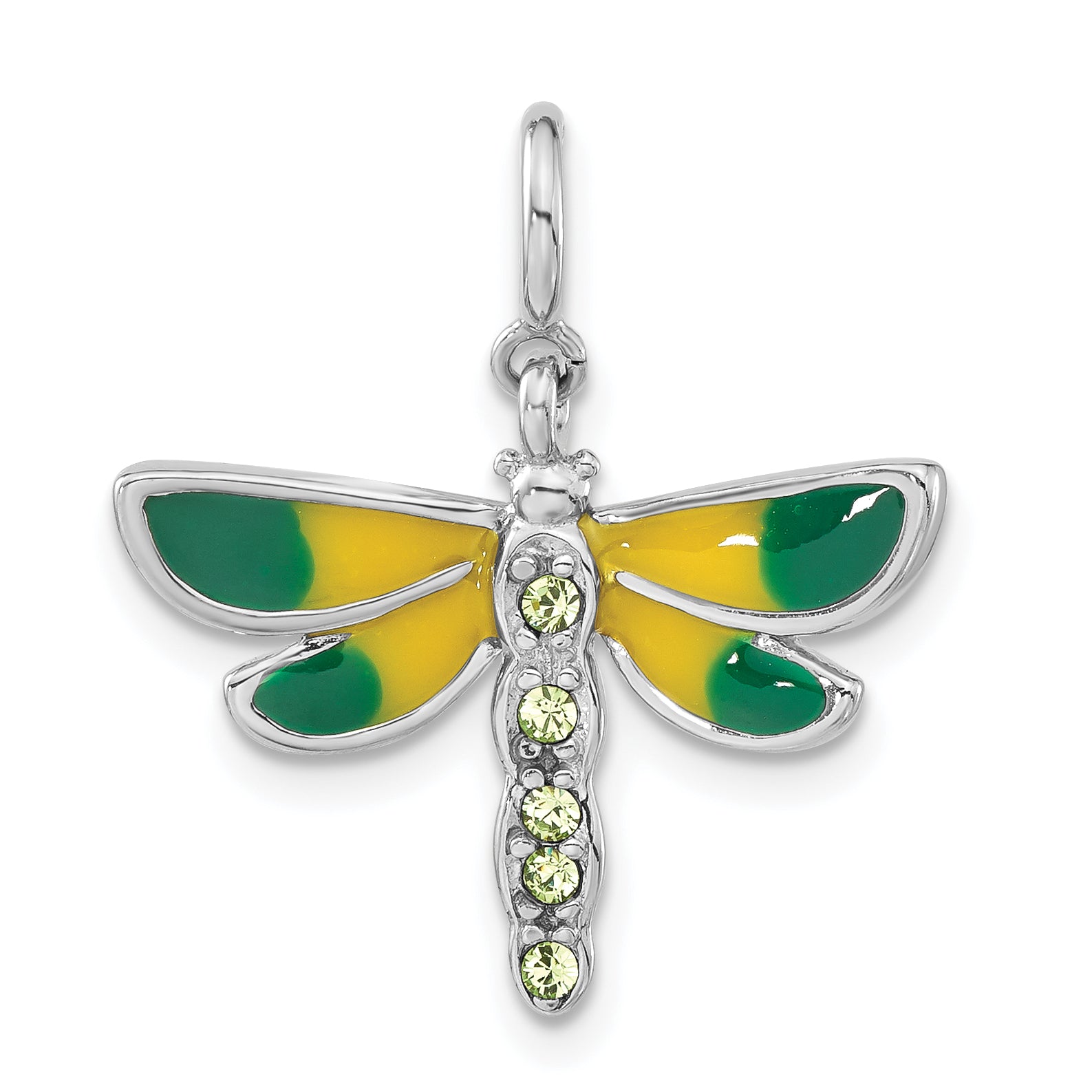 Sterling Silver Rhodium-plated Polished Green CZ & Enameled Dragonfly w/ Spring Ring Clasp Charm Main image
