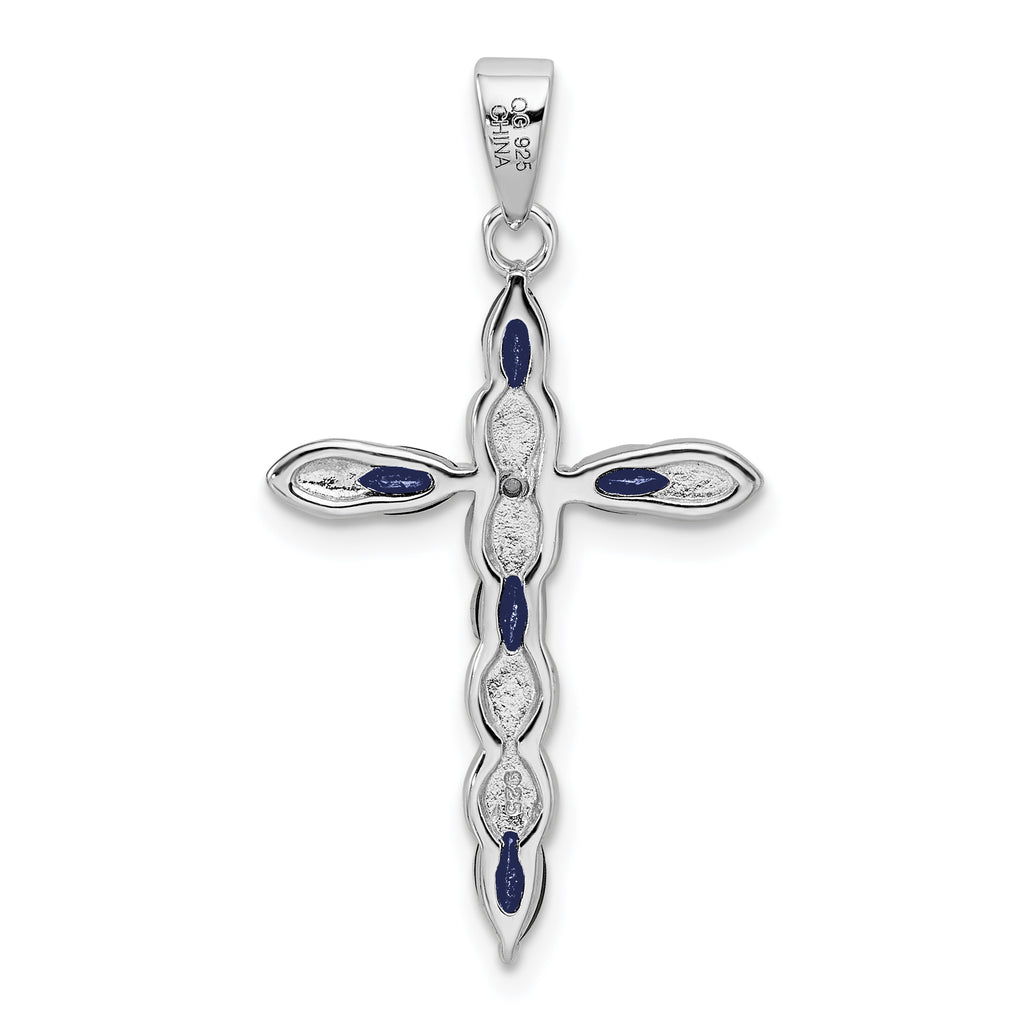 Sterling Silver 925 Sapphire & Diamond Cross Pendant  Polished Elegant Design