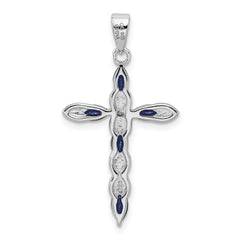 Sterling Silver 925 Sapphire & Diamond Cross Pendant  Polished Elegant Design