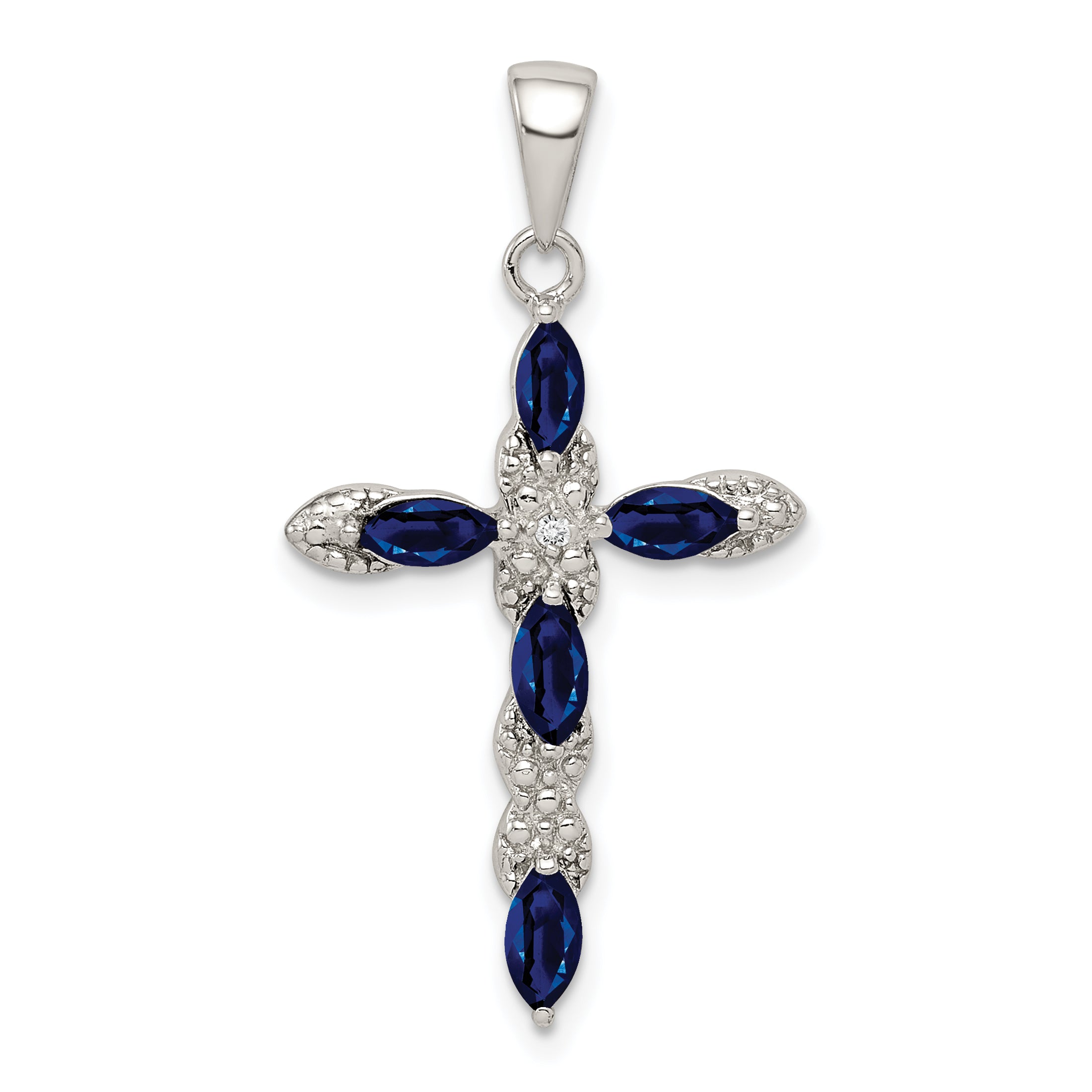 Sterling Silver Rhodium-plated Sapphire and Diamond Cross Pendant Main image