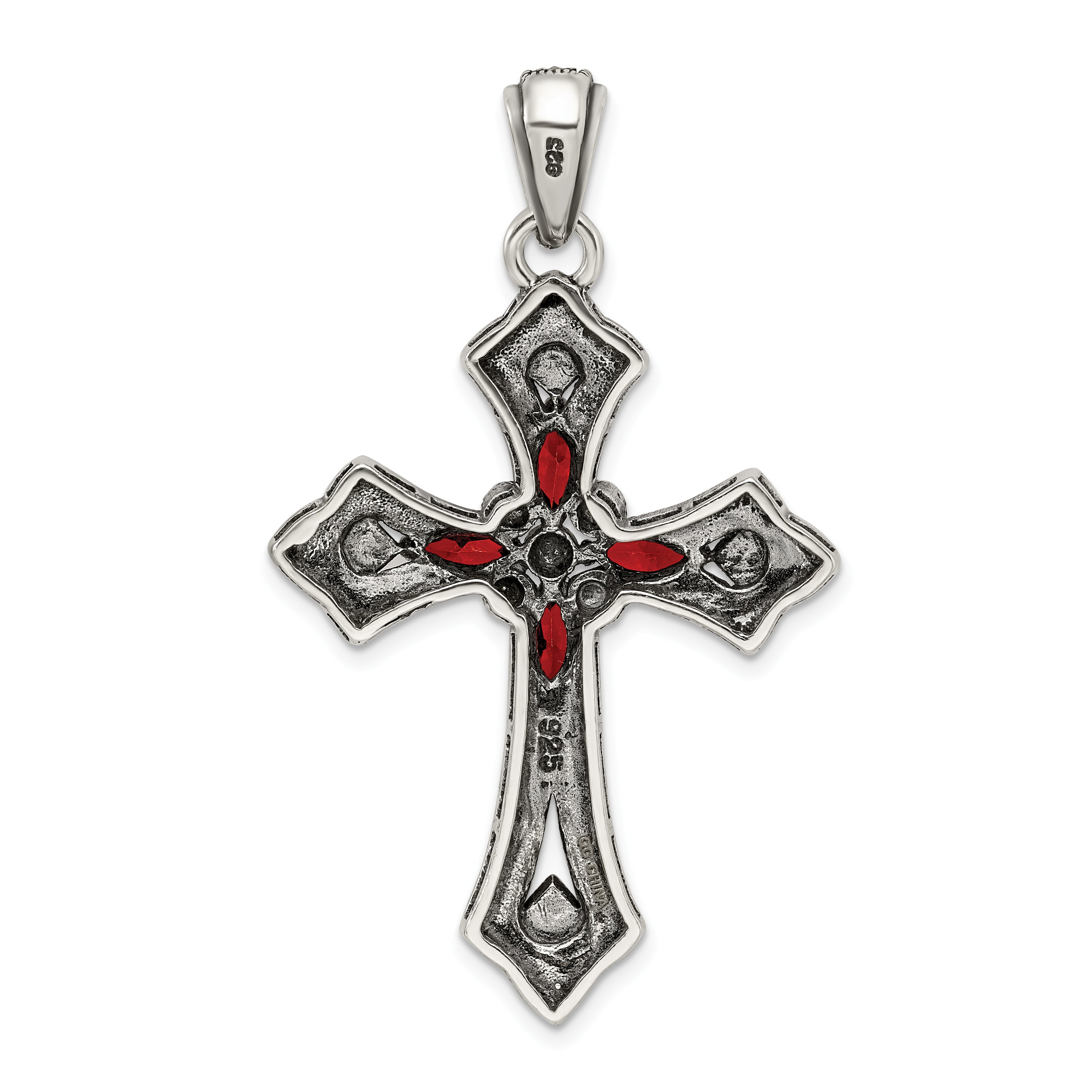 Sterling Silver Antiqued Red Marquise CZ Marcasite Cross Pendant