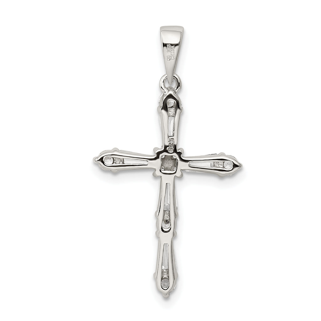 Sterling Silver 925 CZ Cross Pendant with Polished Rhodium Finish