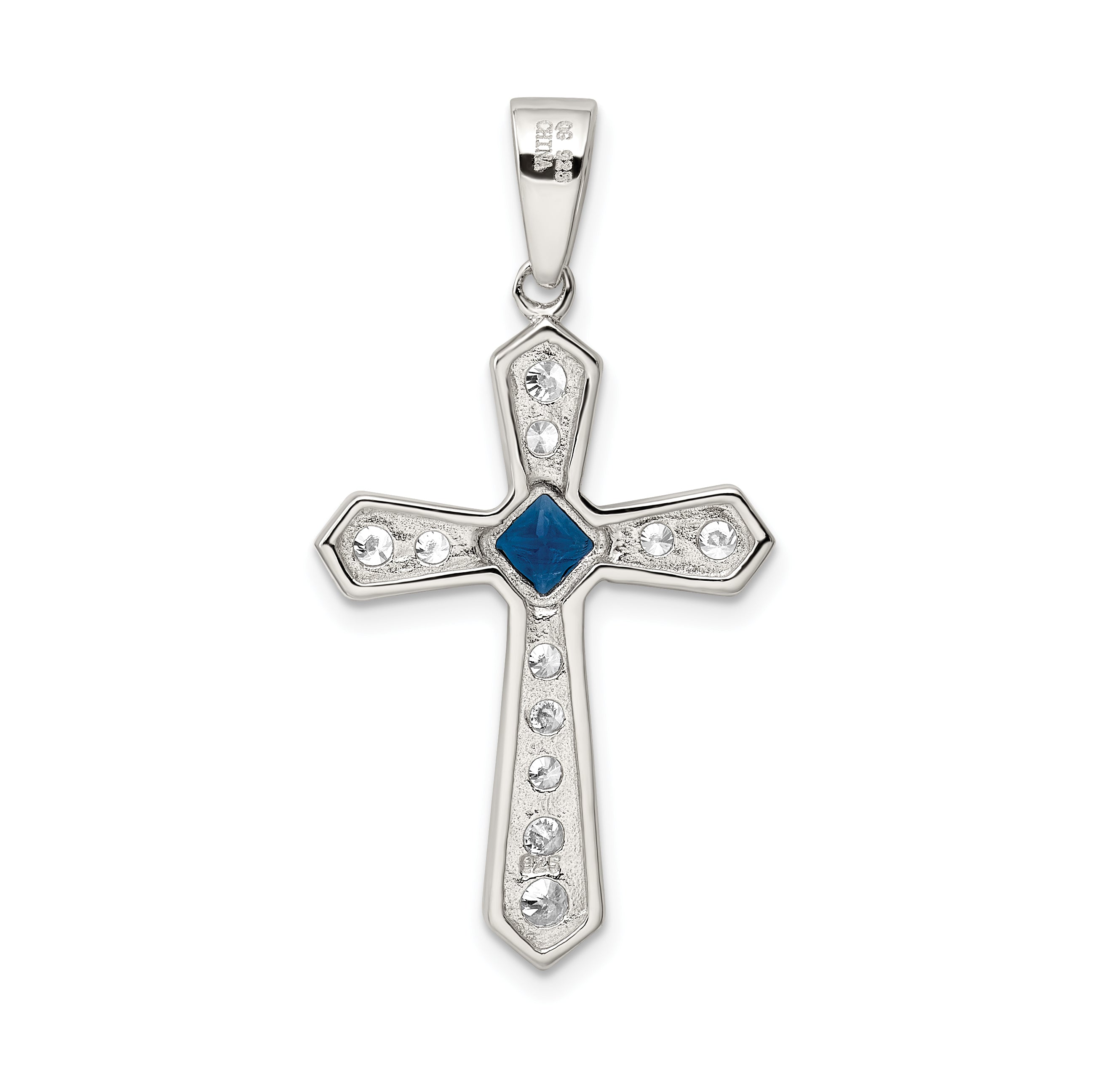 Sophia Jewelers Sterling Silver Rhodium-Plated Blue CZ Passion Cross Pendant