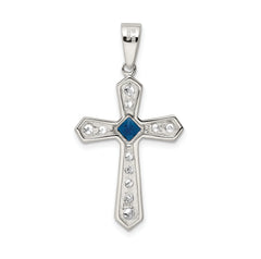 Sophia Jewelers Sterling Silver Rhodium-Plated Blue CZ Passion Cross Pendant