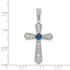 Sophia Jewelers Sterling Silver Rhodium-Plated Blue CZ Passion Cross Pendant