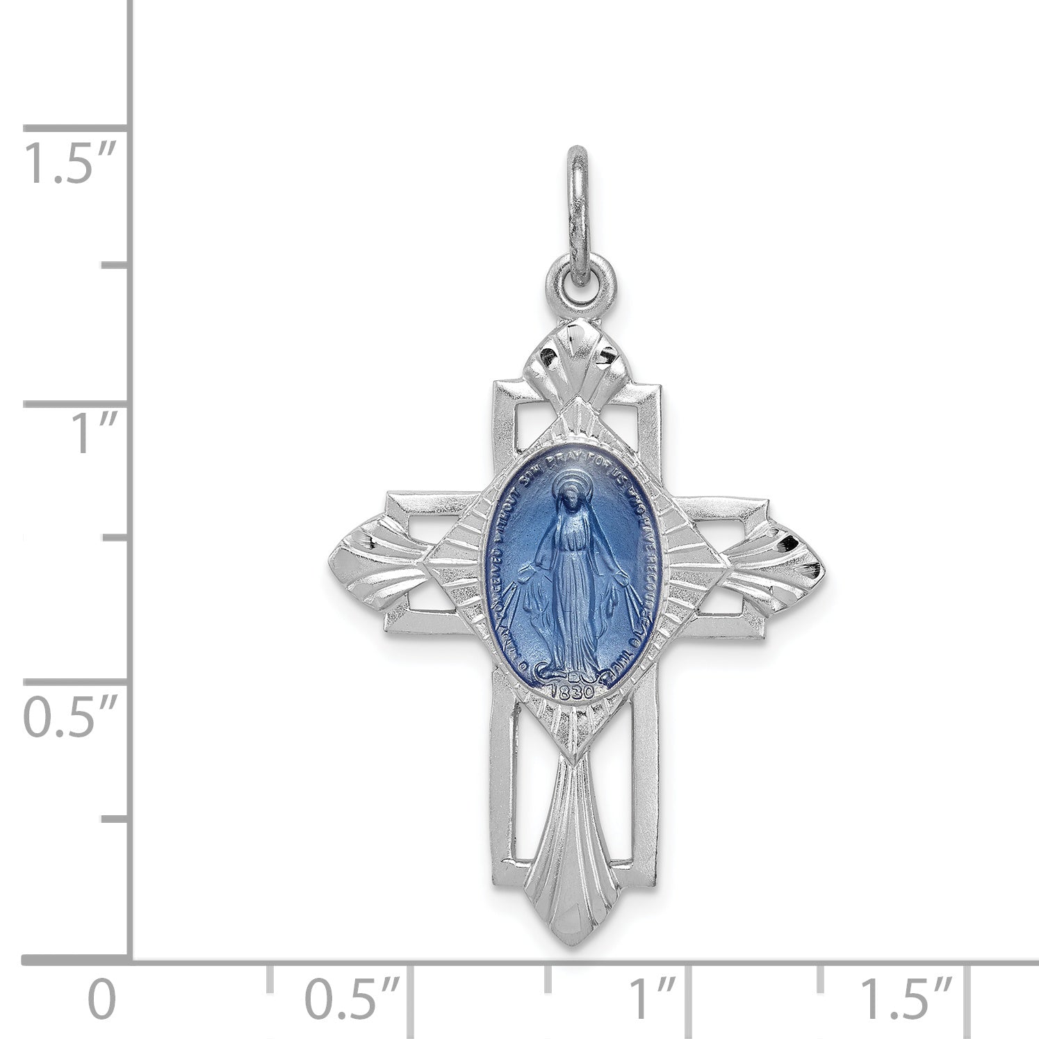 Sterling Silver 925 Miraculous Medal Cross Pendant with Blue Accents