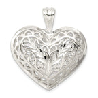 Sterling Silver 925 Polished Puffed Heart Pendant with Filigree Design