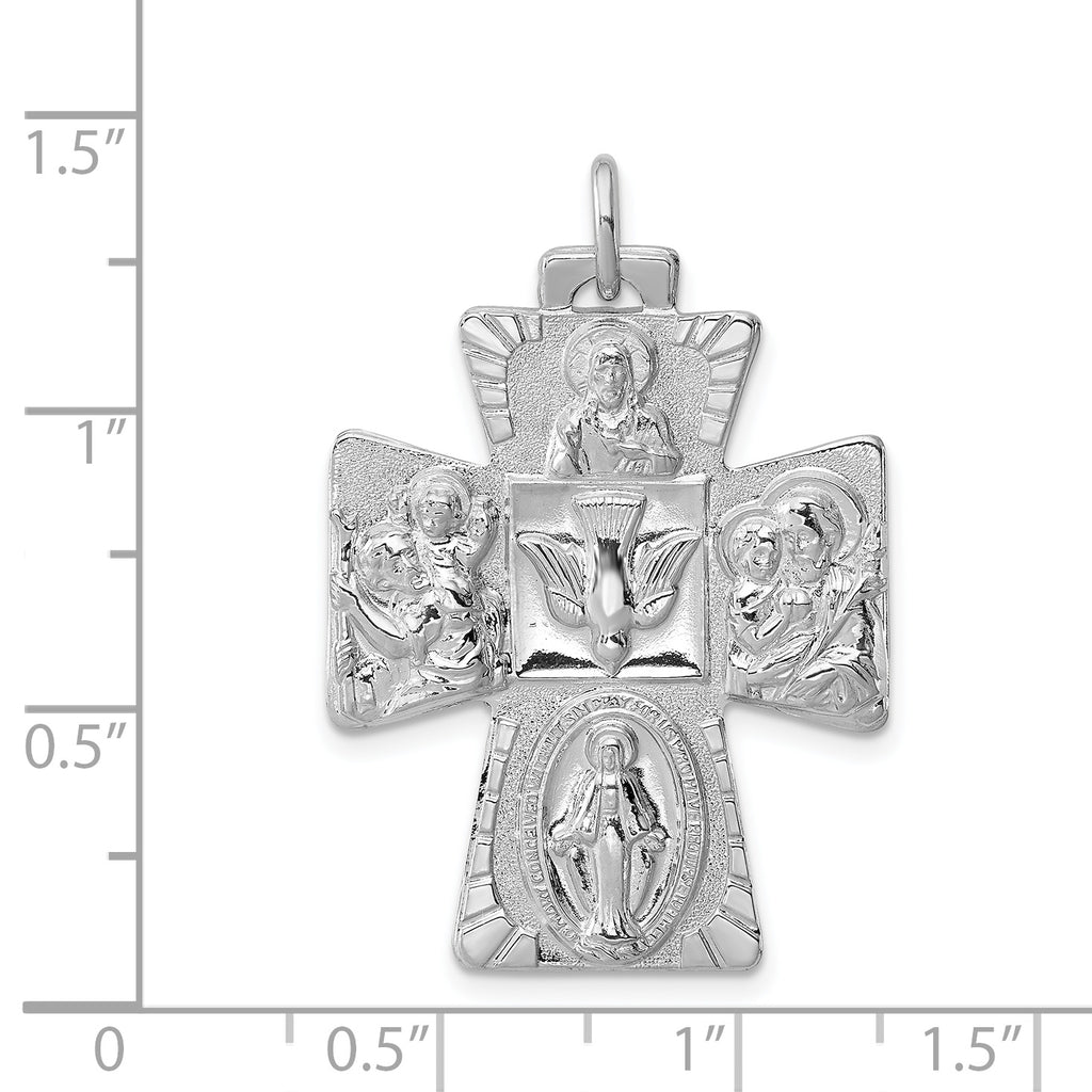 Sterling Silver 925 Reversible 4-Way Medal Pendant with Polished Rhodium Finish