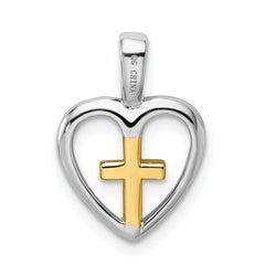 Sterling Silver 925 Heart Cross Pendant with Polished Rhodium Finish