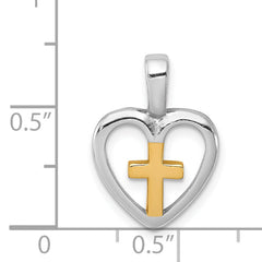 Sterling Silver 925 Heart Cross Pendant with Polished Rhodium Finish