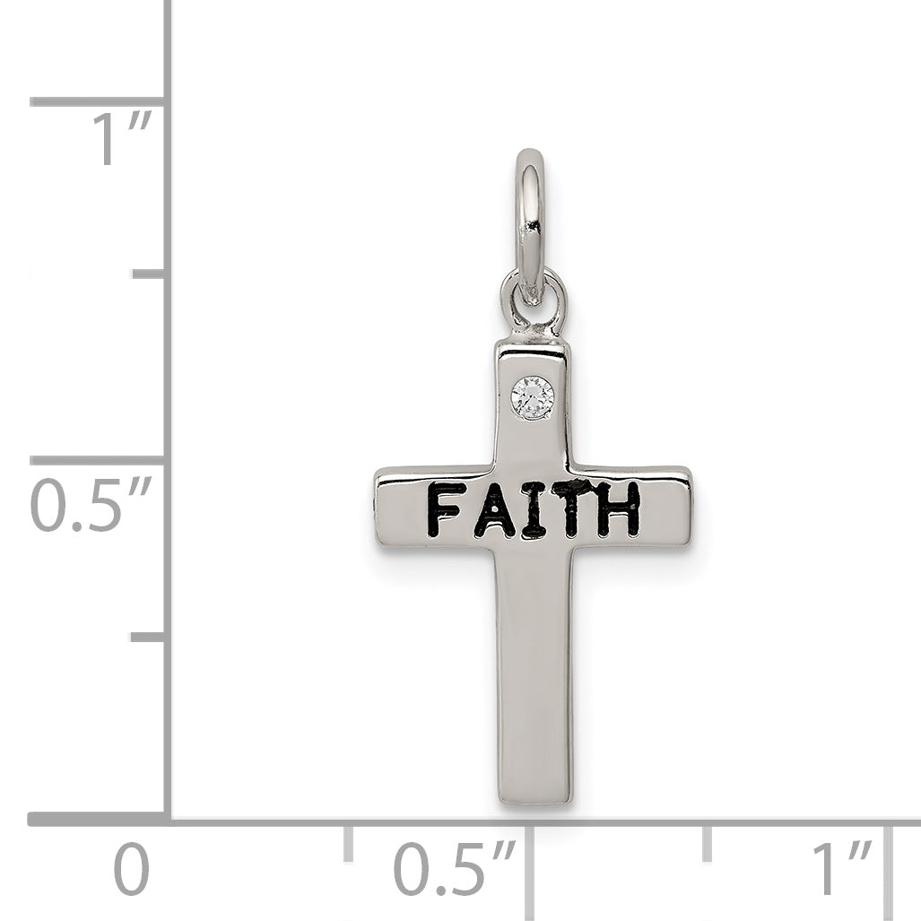 Sterling Silver Rhodium-plated Black Ink FAITH and CZ Antiqued Cross Charm