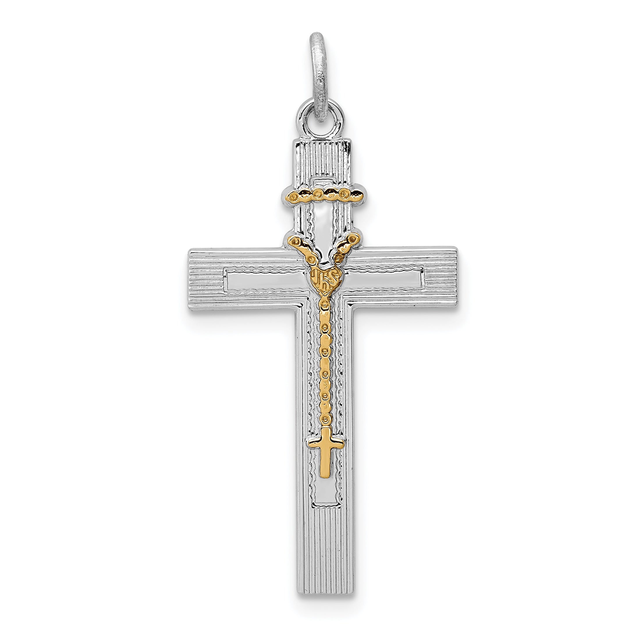 Sterling Silver Rhodium-plated & Vermeil Rosary Cross Pendant Main image