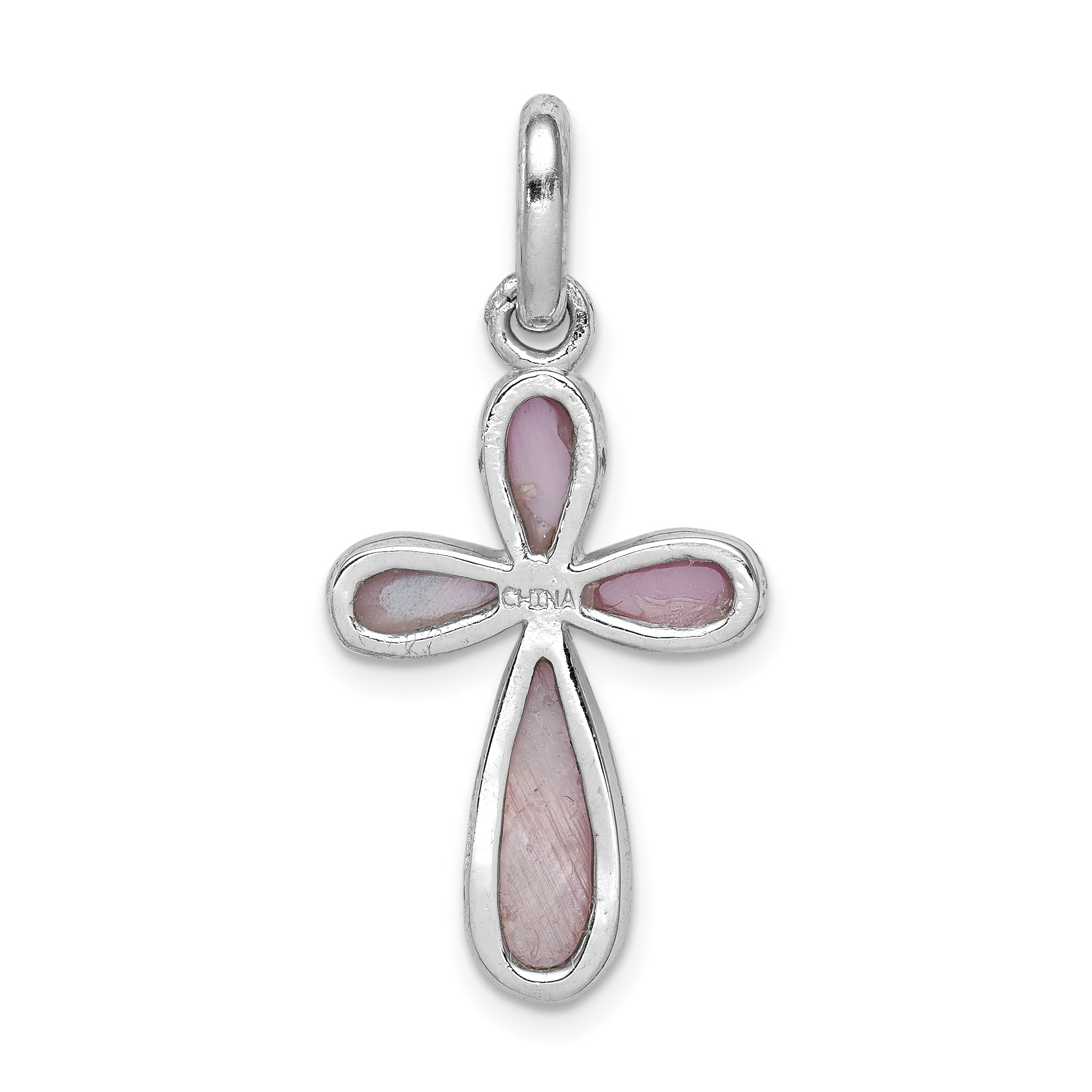 Sterling Silver Rhodium-platedPink Mother of Pearl Cross Pendant