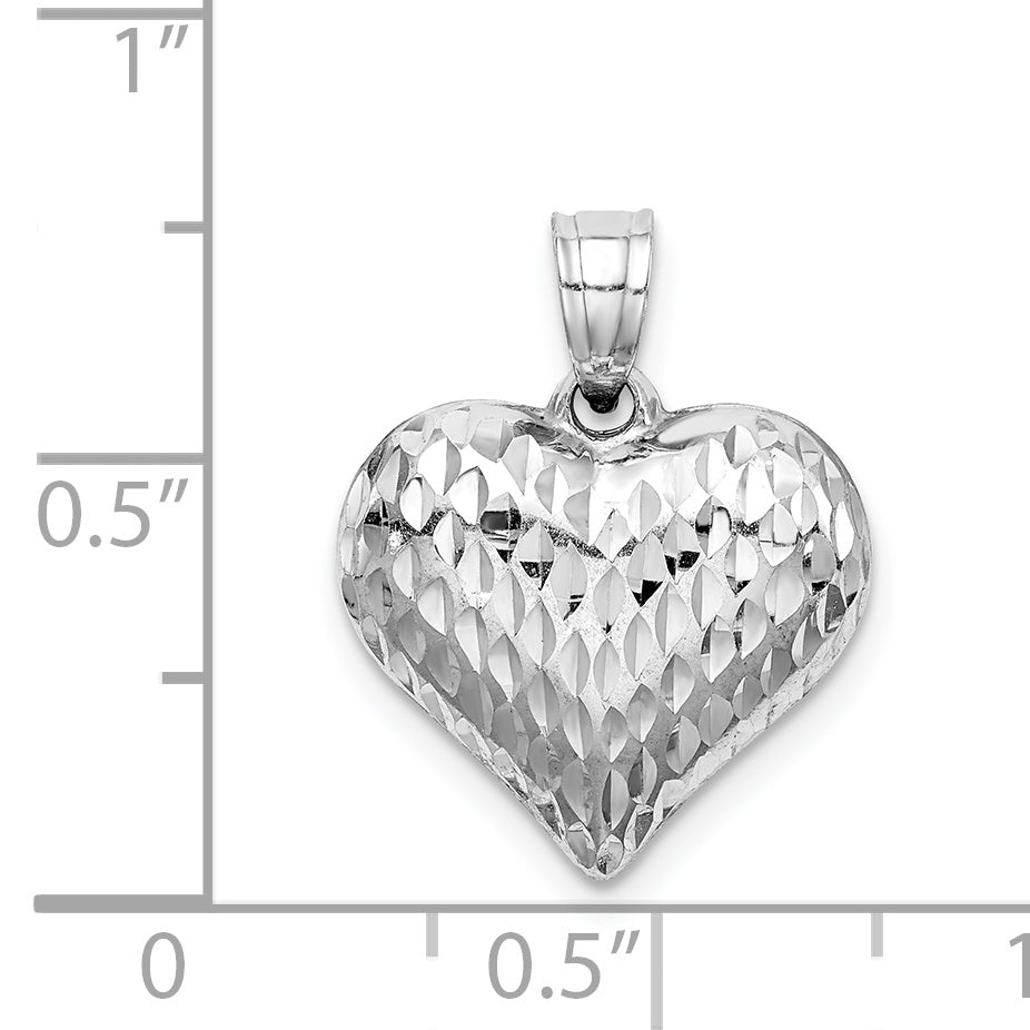 Sterling Silver Rhodium-plated Diamond-cut Puffed Heart Pendant