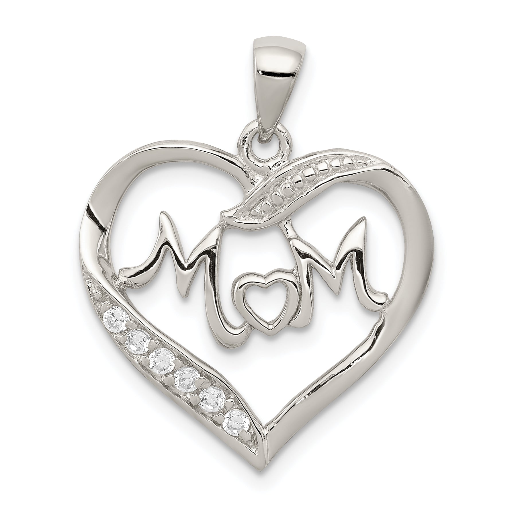 Sterling Silver Rhodium-plated MOM CZ Heart Pendant Main image