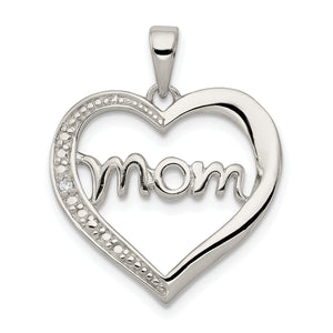 "Mom" Heart Pendant in Sterling Silver with Cubic Zirconia, 21mm - Sophia Jewelers