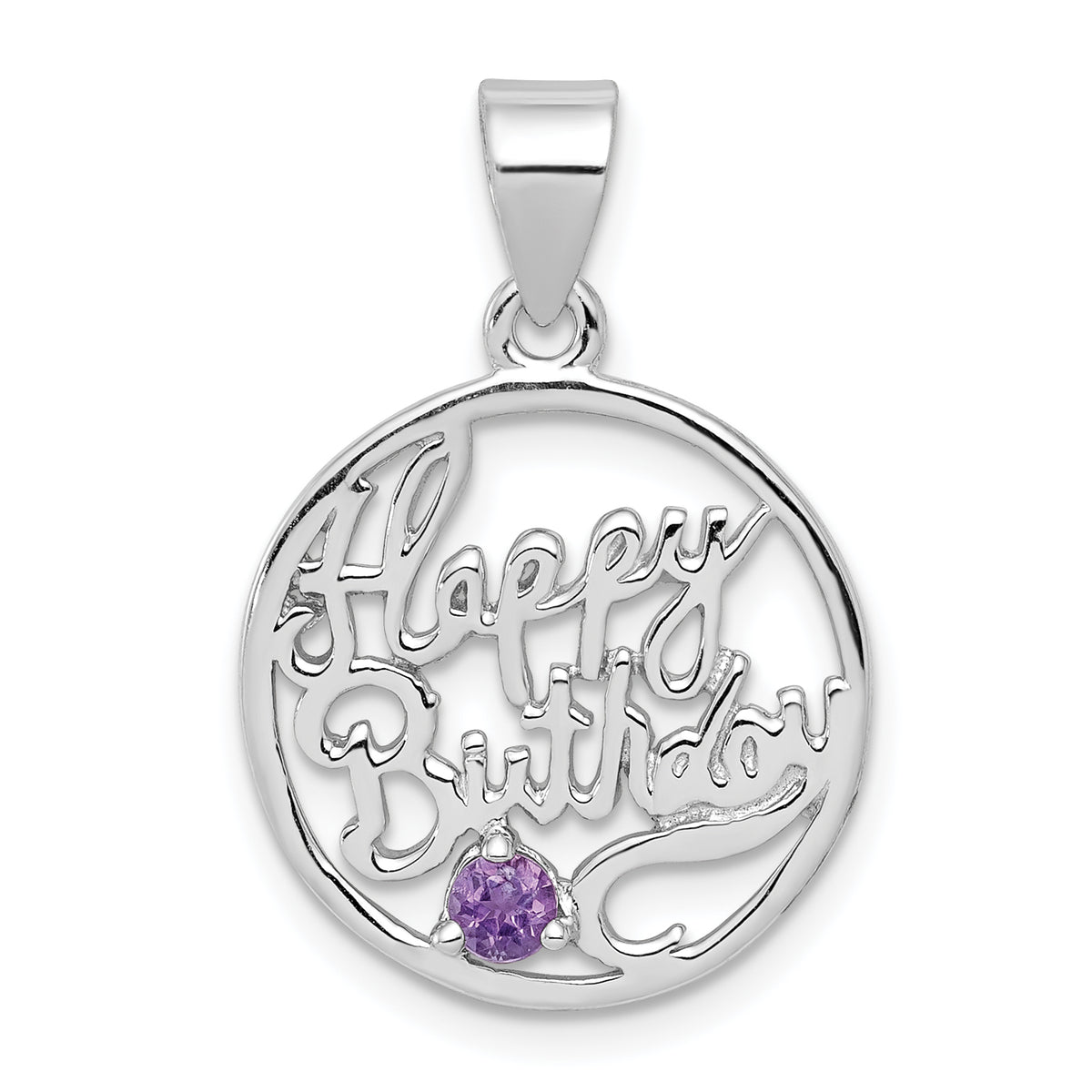 Sterling Silver Rhodium-plated Amethyst Happy Birthday Pendant
