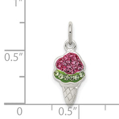 Sterling Silver 925 Ice Cream Cone Charm with Pink and Green Crystals