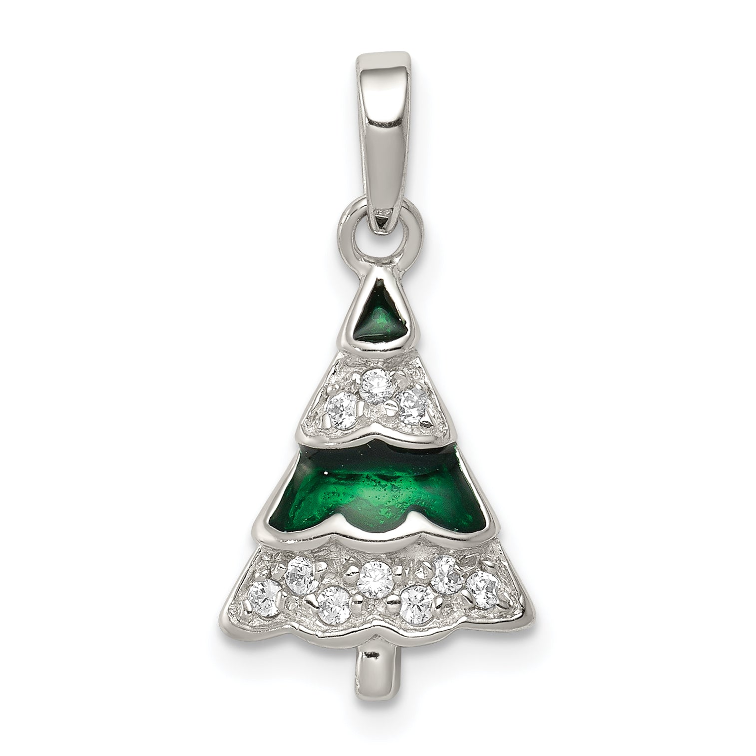 Sterling Silver Rhodium-plated CZ and Enameled Christmas Tree Pendant Main image