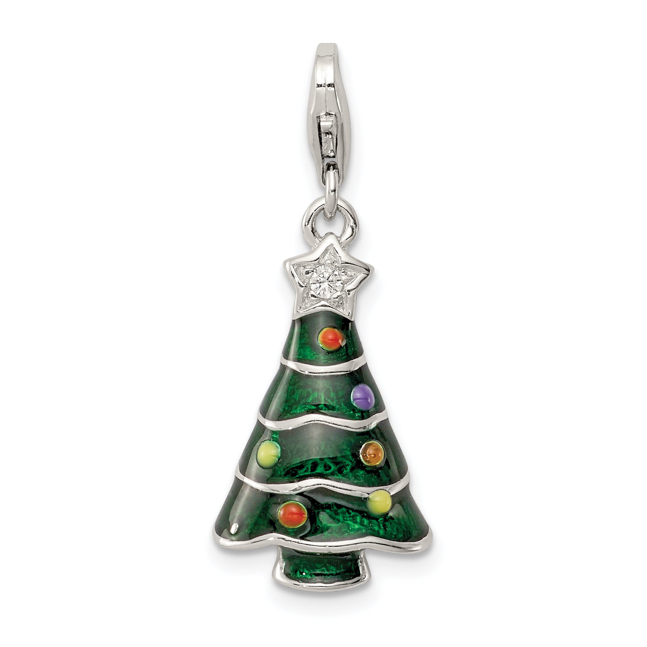Sterling Silver RH-plated CZ & Enameled Christmas Tree Charm Main image