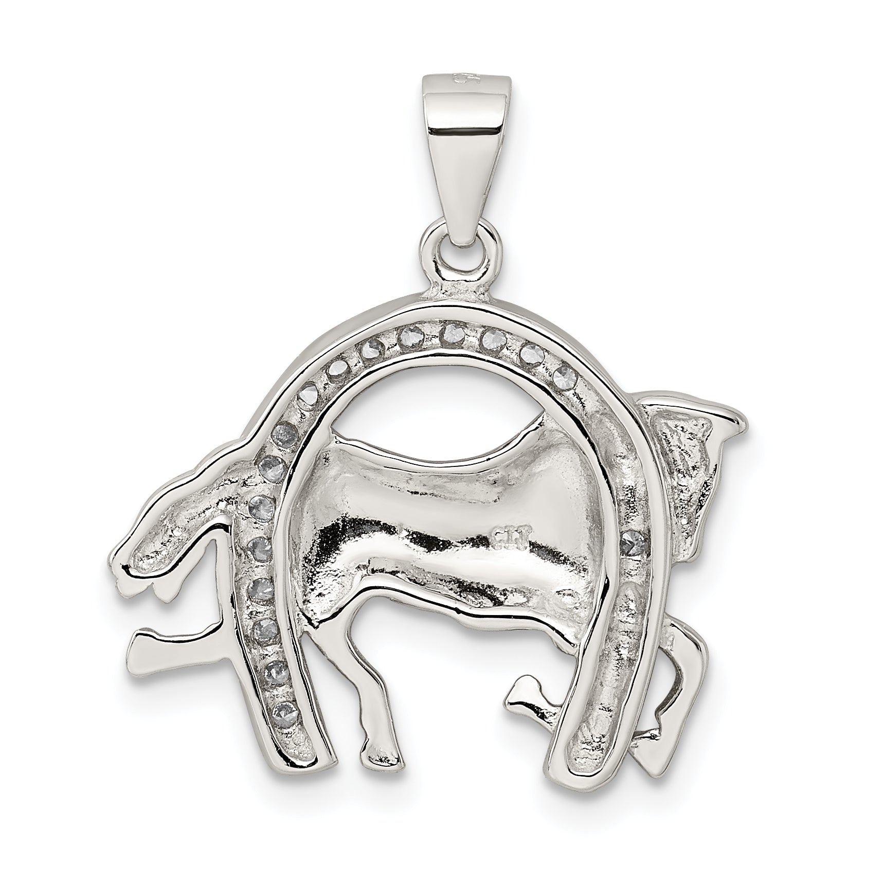 Men's Sterling Silver Rhodium-Plated Horse & Horseshoe CZ Pendant Elegant Finish