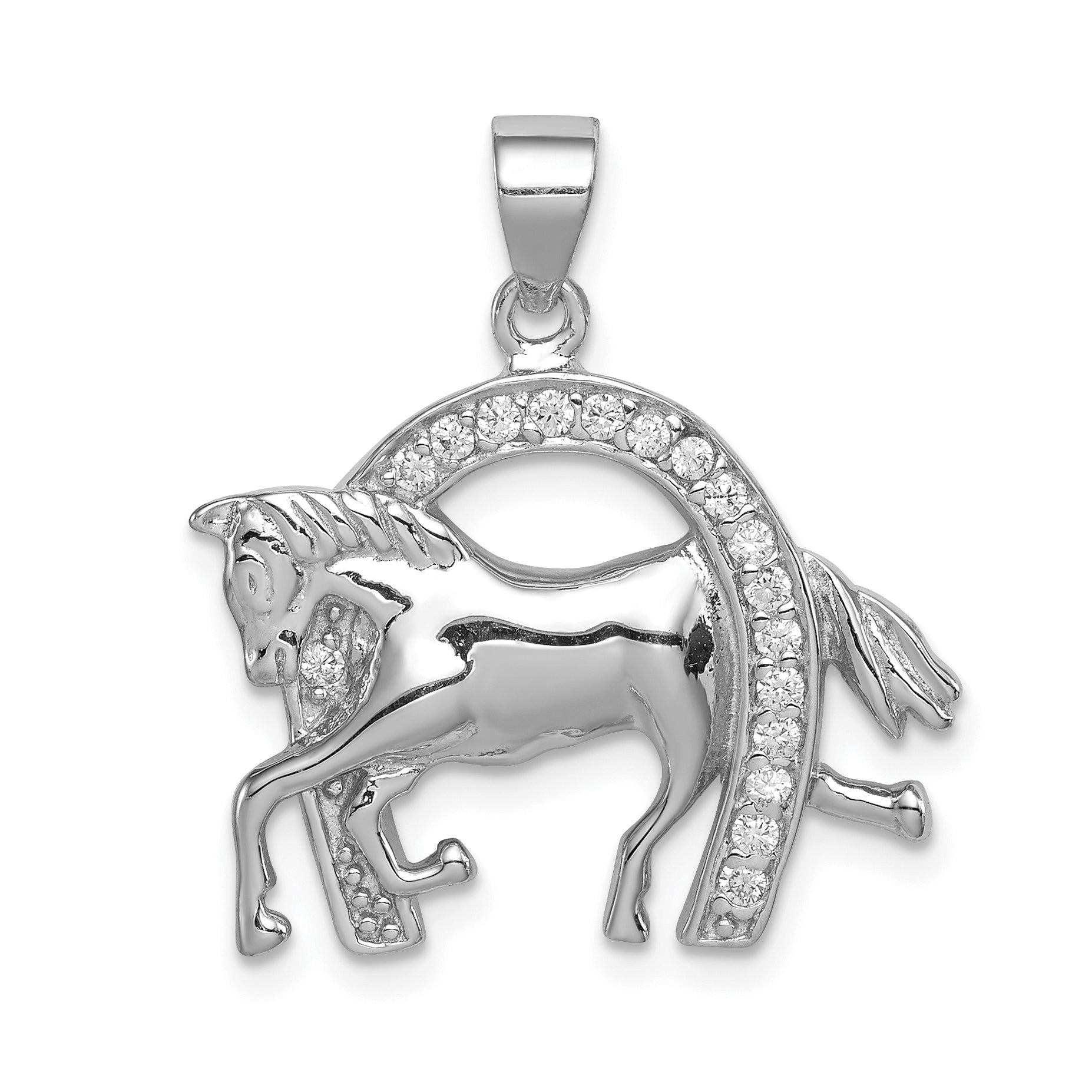 Sterling Silver Rhodium-plated Horse & Horseshoe CZ Pendant Main image