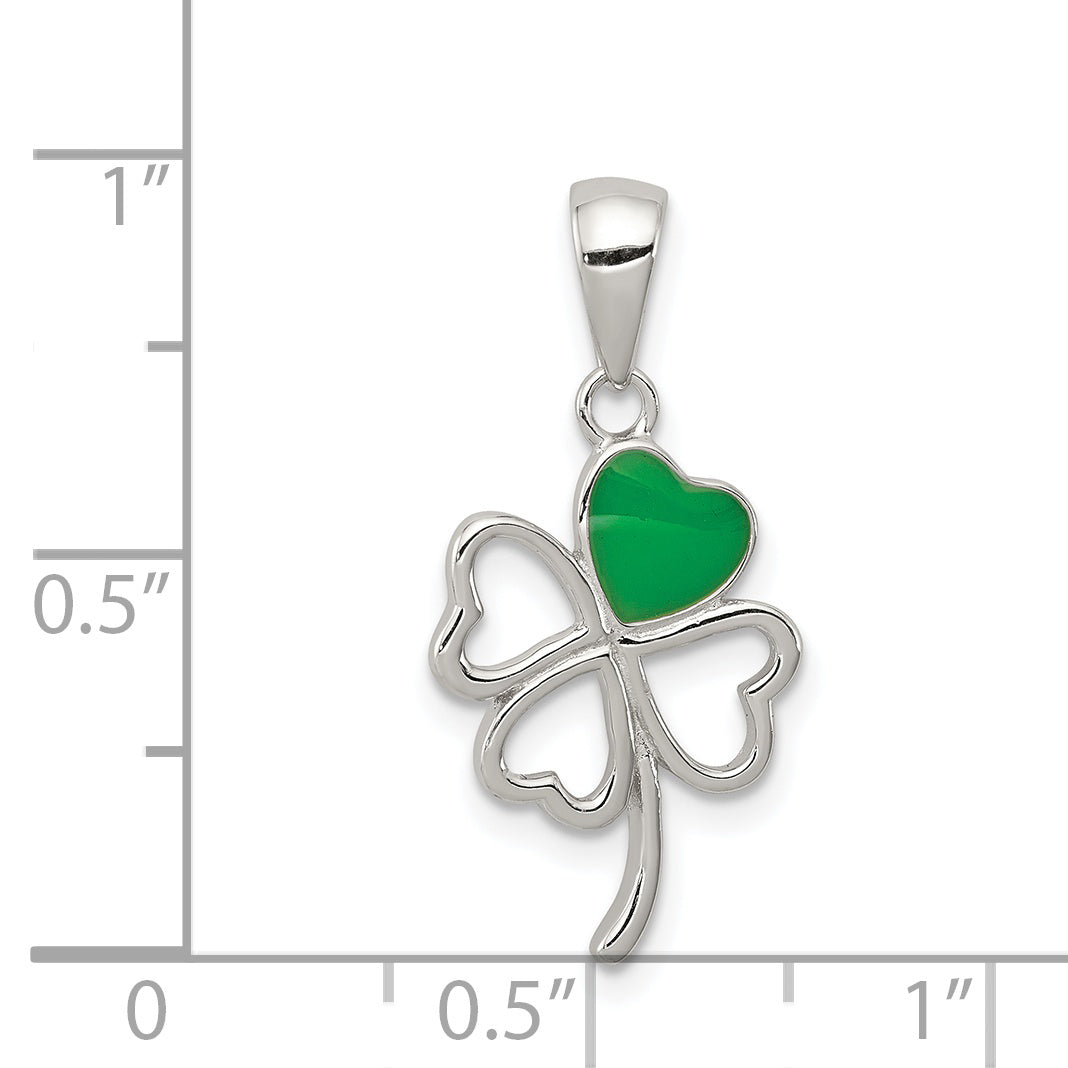 Sterling Silver Rhodium-Plated Clover Pendant with Green Enamel Finish