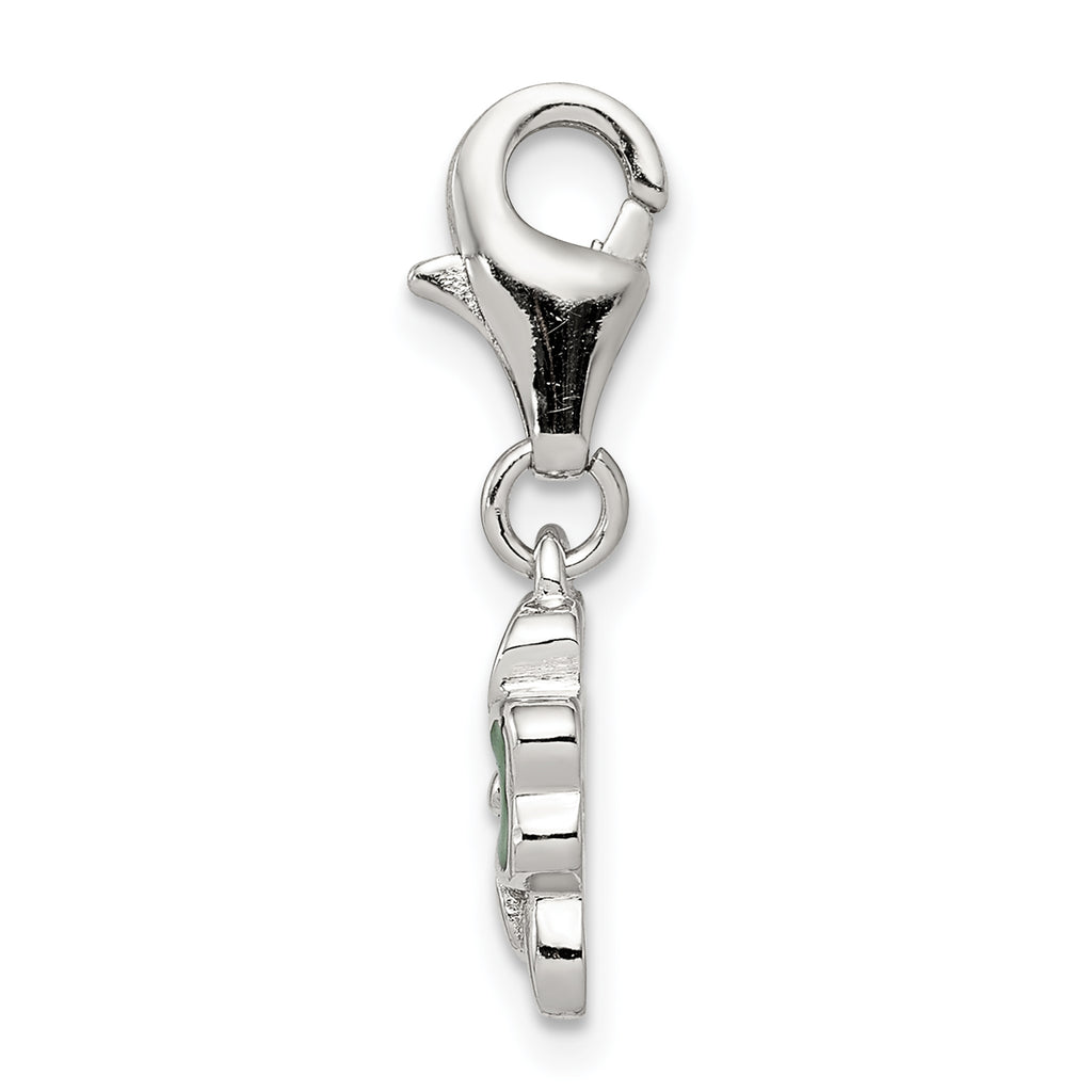 Sterling Silver 925 Polished Four Leaf Clover Charm with Green Enamel