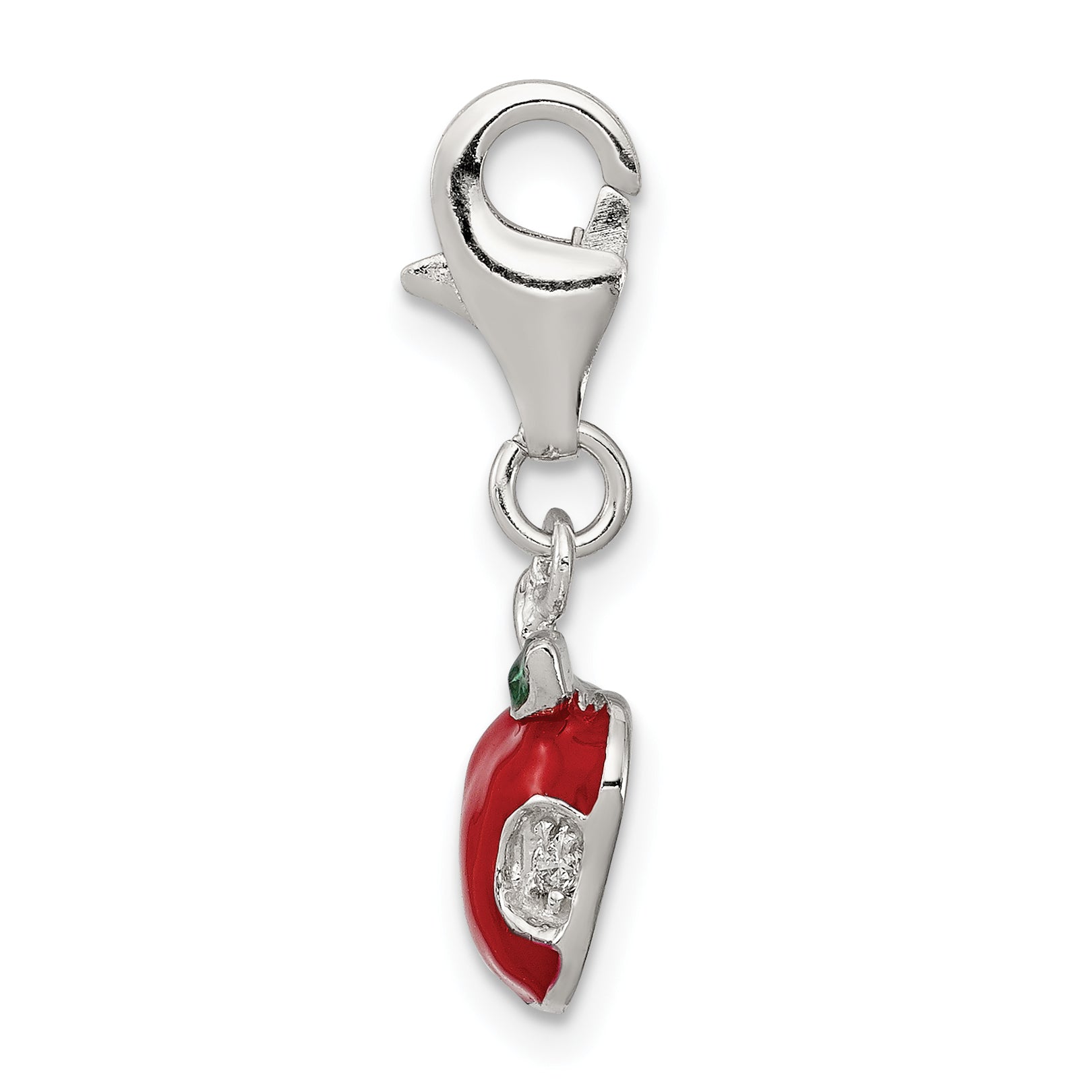 Sterling Silver Rhodium-plated CZ and Red Enameled Apple Charm