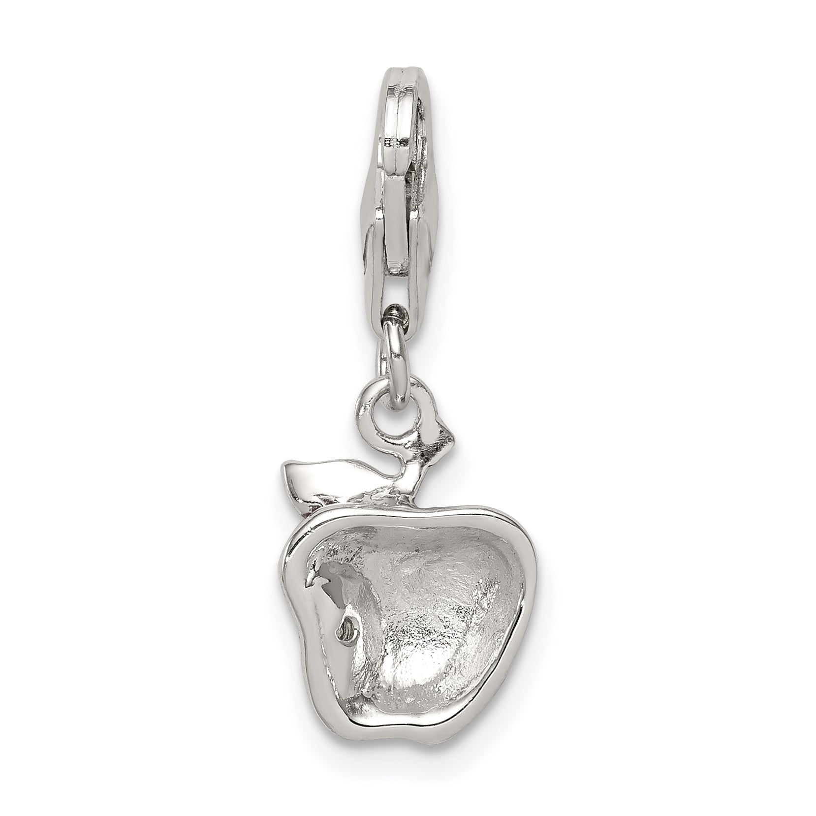 Sterling Silver 925 Rhodium-Plated Apple Charm with Red Enamel and CZ