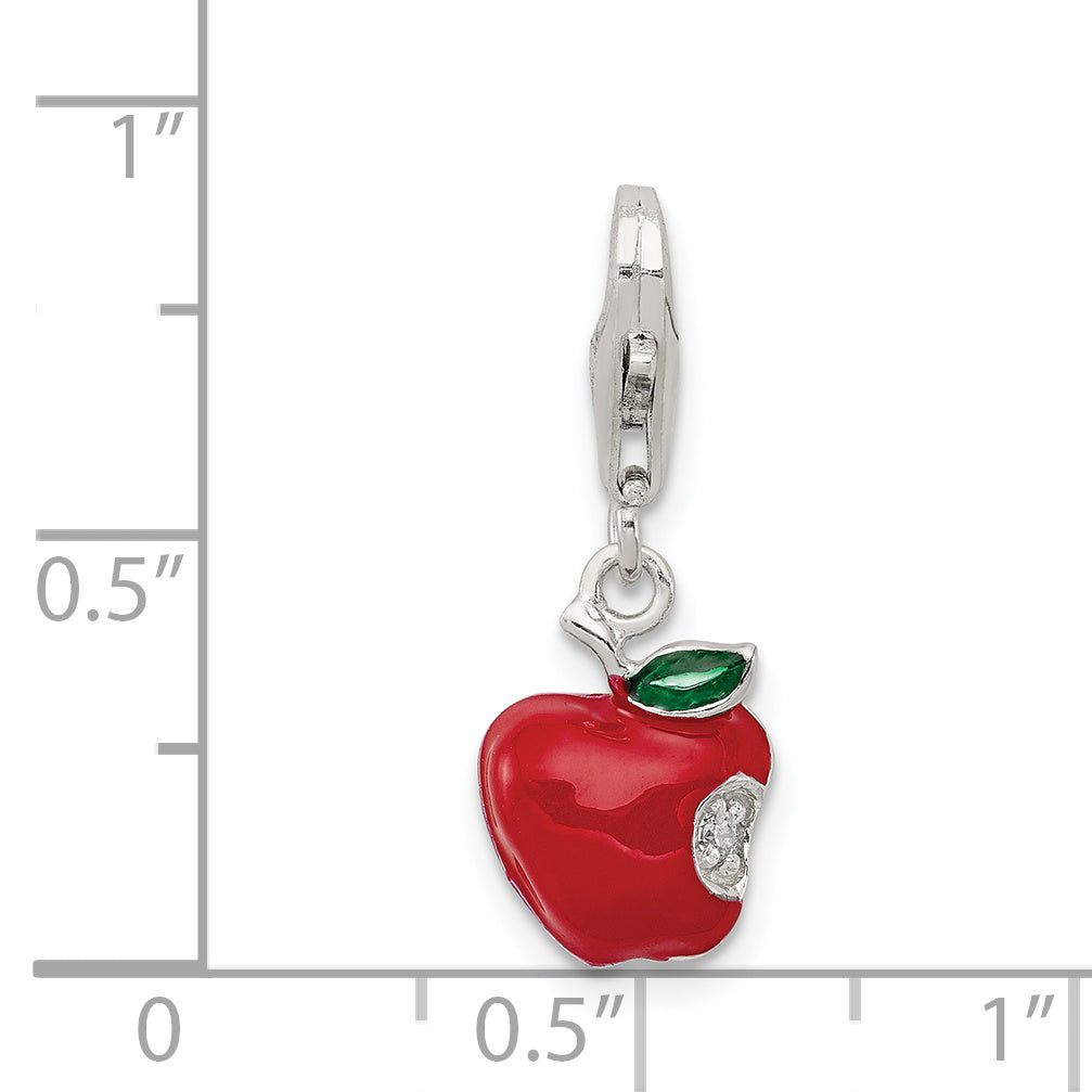 Sterling Silver 925 Rhodium-Plated Apple Charm with Red Enamel and CZ