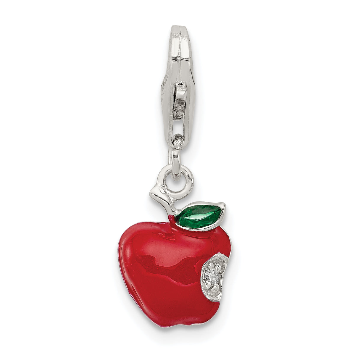 Sterling Silver Rhodium-plated CZ and Red Enameled Apple Charm