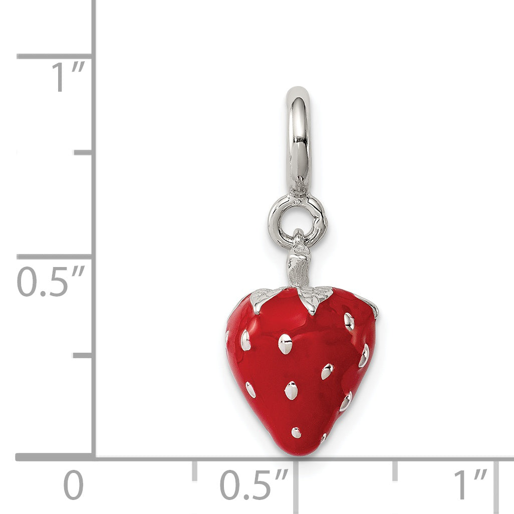 Sterling Silver Rhodium-Plated 3D Strawberry Charm with Red Enamel Finish