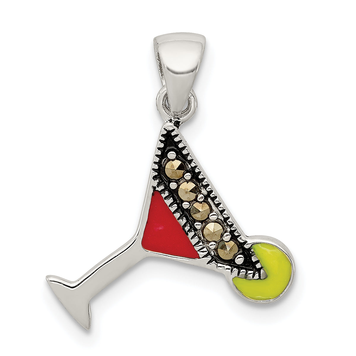 Sterling Silver Rhodium-plated and Hematite-plated Marcasite Red and Green Enameled Martini Pendant