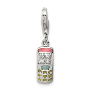 Enameled Cell Phone Charm in Sterling Silver with Cubic Zirconia Accents, 26mm - Sophia Jewelers