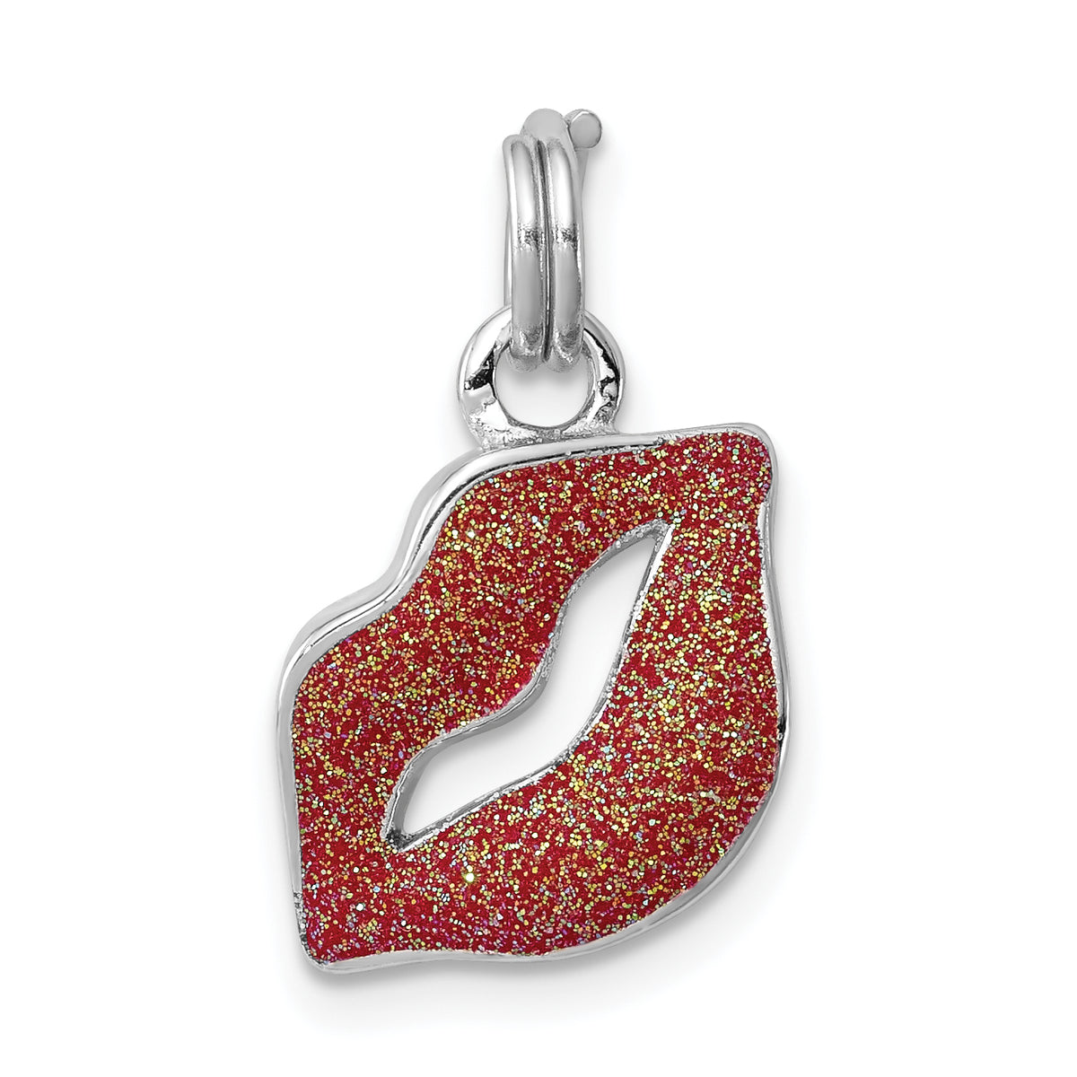 Sterling Silver Rhodium-plated Glitter Accent Red Enameled Lips Charm