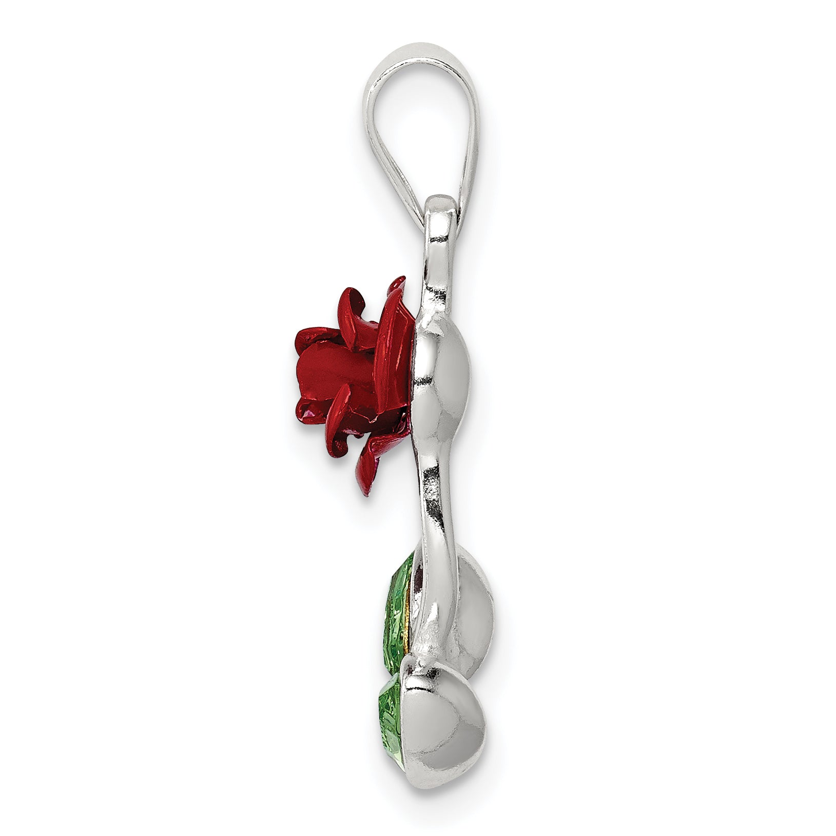Sterling Silver Red Enamel With Green CZ Rose Charm