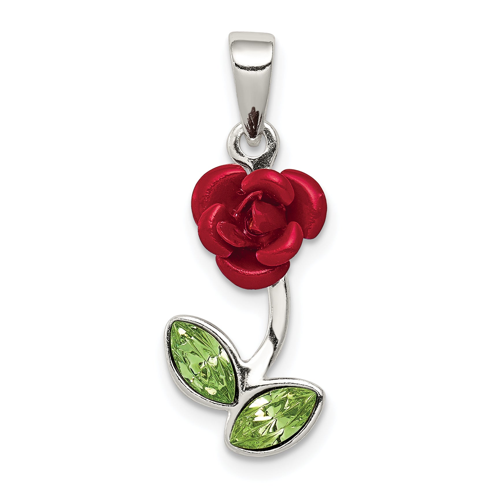 Sterling Silver Red Enamel w/Green CZ Rose Charm Main image