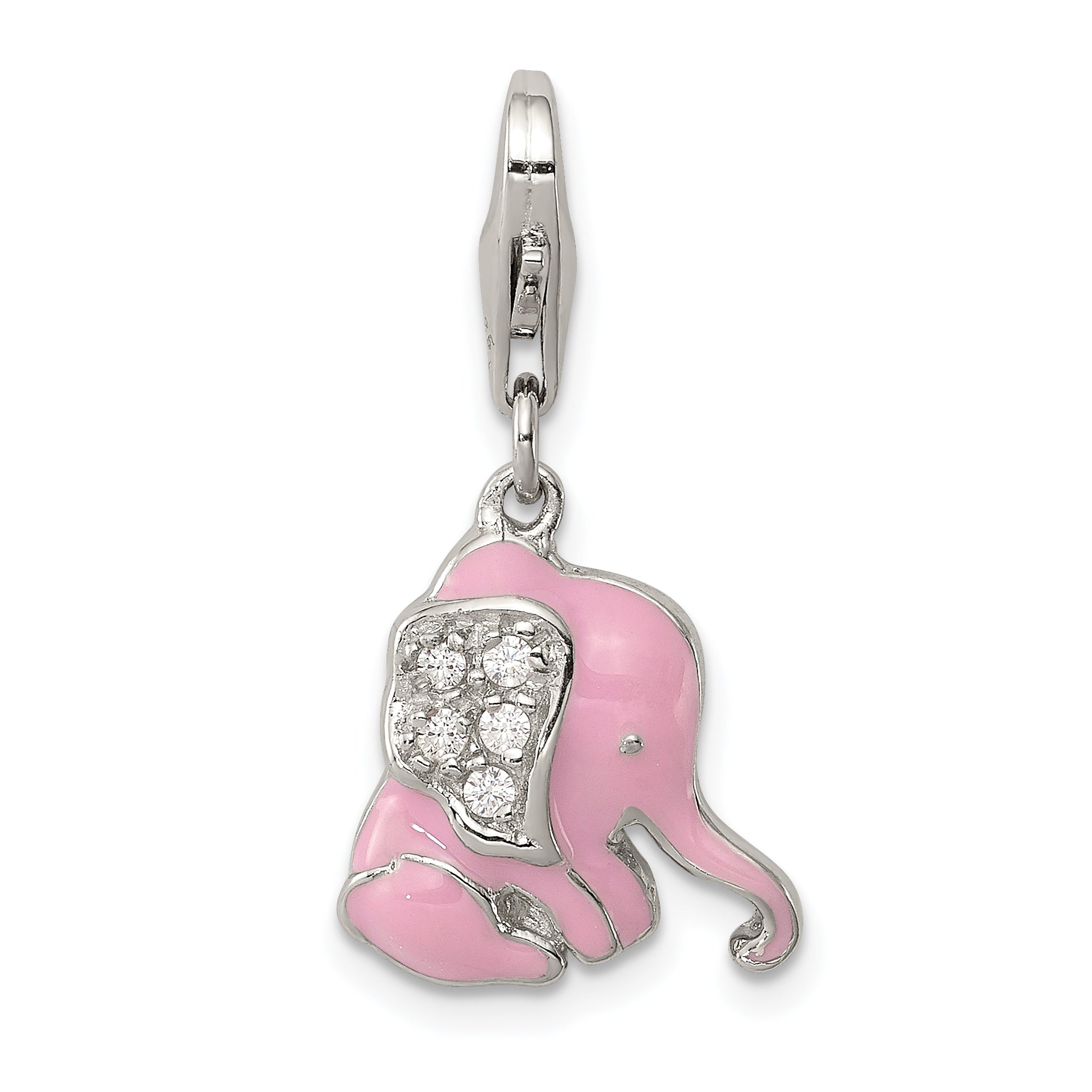 Sterling Silver Rhodium-plated Pink Enameled CZ Elephant Charm Main image