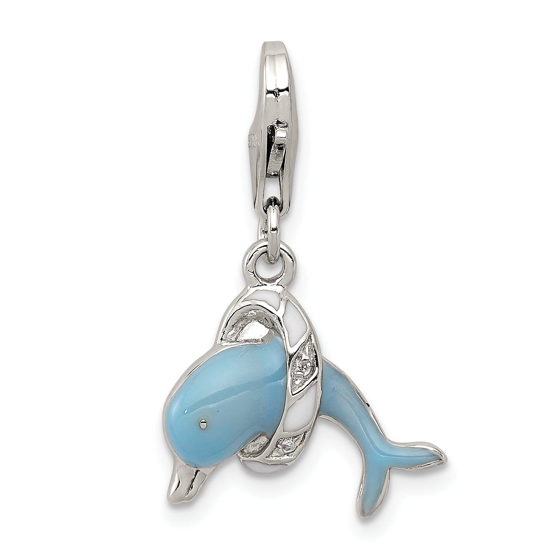 Sterling Silver Rhodium-plated Enameled Dolphin with Lobster Clasp Charm Main image