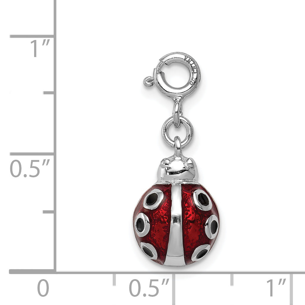 Sterling Silver Rhodium-Plated Ladybug Charm with Red Black Enamel
