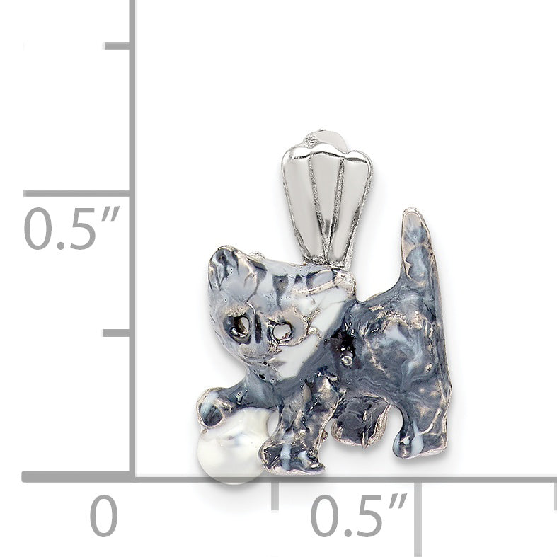 Silver Enamel Grey & White Cat Pendant playing with Ball