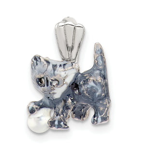 Grey & White Enamel Cat Pendant in Sterling Silver, 15mm - Sophia Jewelers
