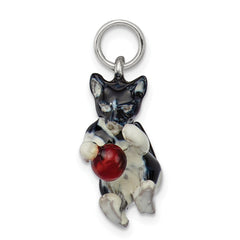 Silver Enamel Cat Playing with Red Ball Charm