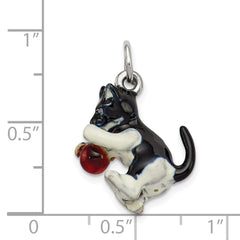 Silver Enamel Cat Playing with Red Ball Charm