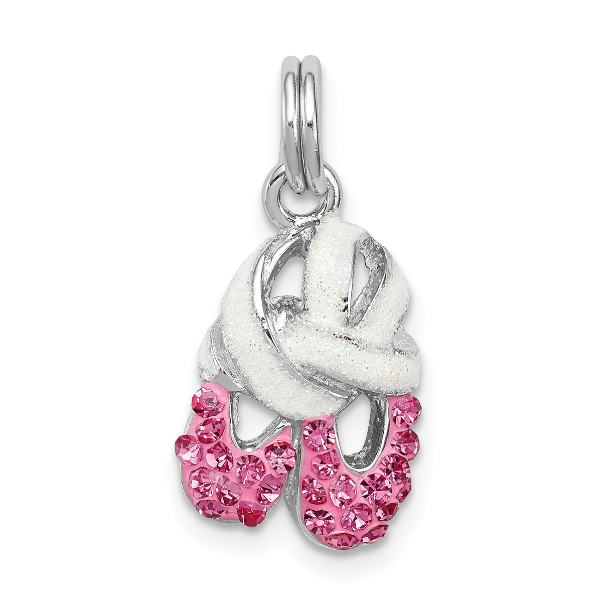 Sterling Silver Rhodium-plated Pink CZ Enamel Ballet Slipper Charm