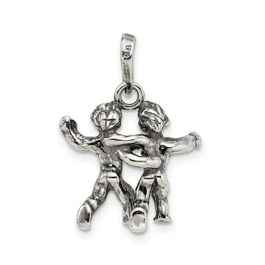 Sterling Silver 925 Gemini Zodiac Pendant with Antiqued Finish
