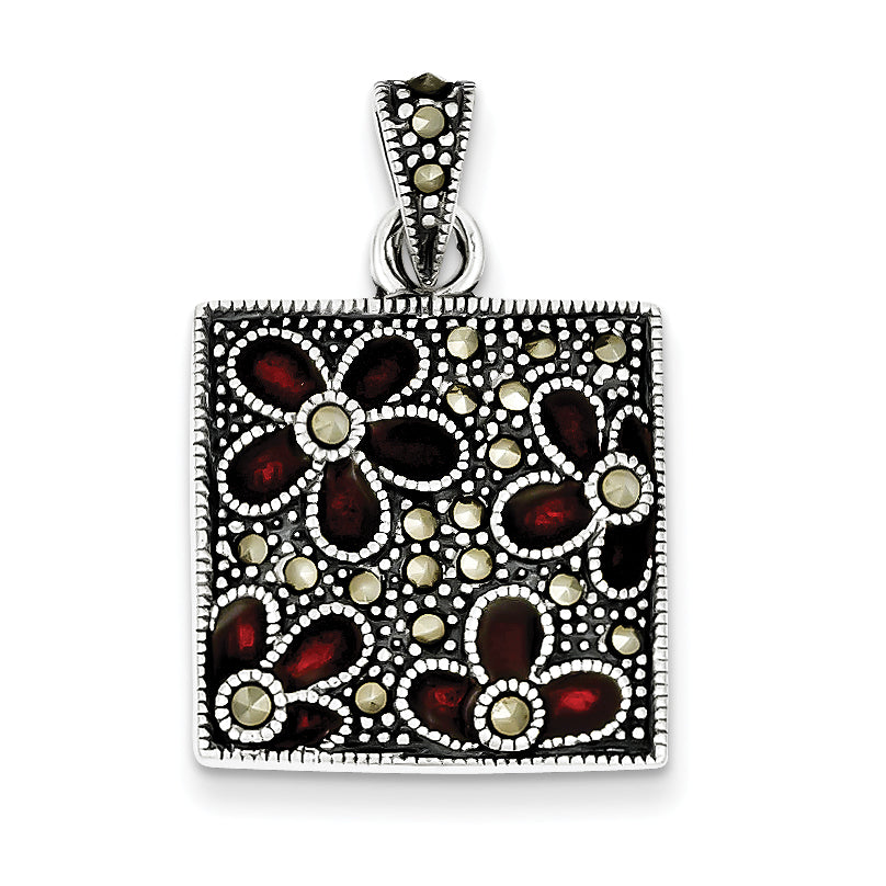 Sterling Silver Marcasite Red Enamel Flowers in Square Pendant