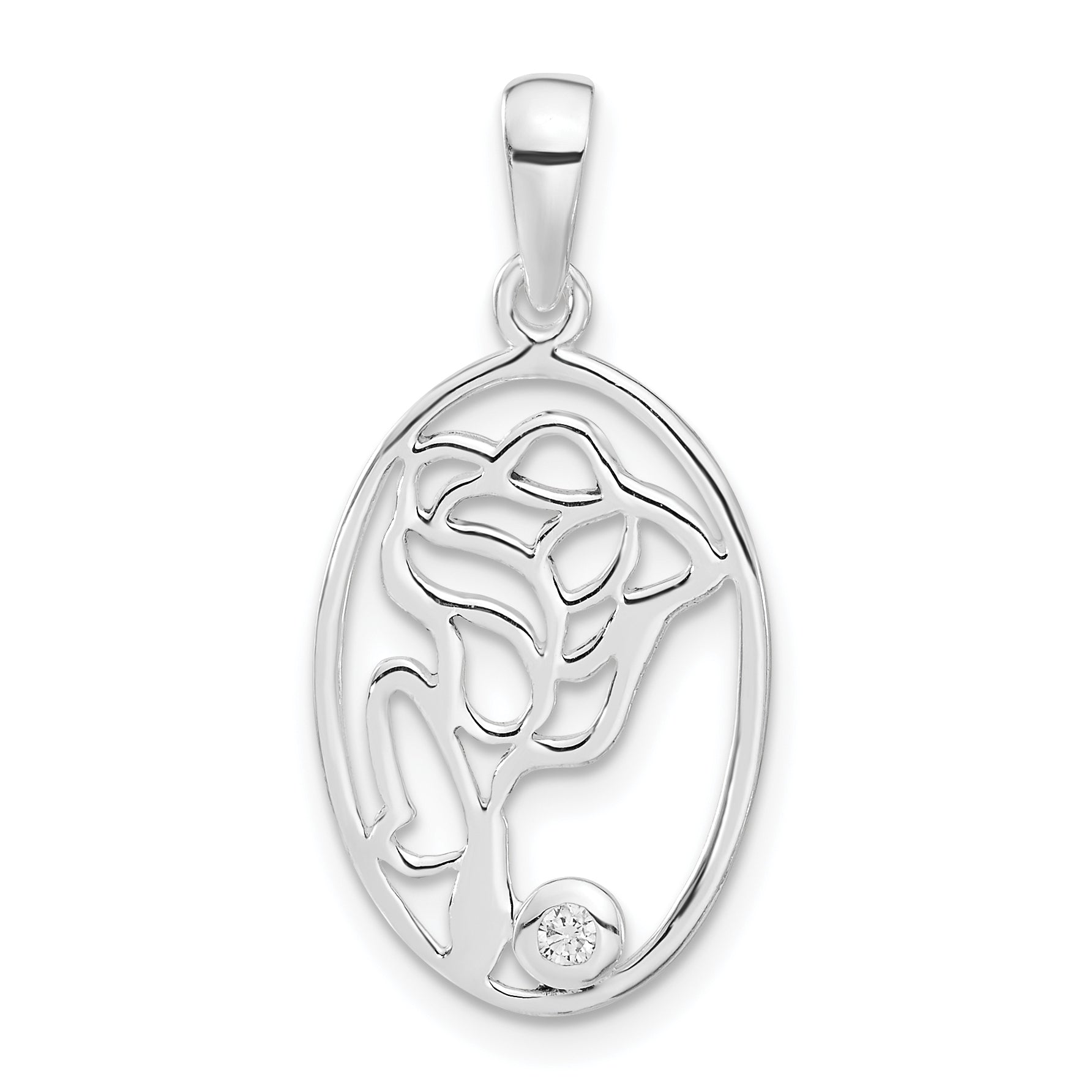 Sterling Silver Polished CZ Rose Oval Pendant Main image